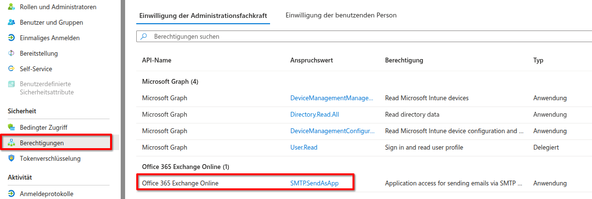 Benötigtes Recht: SMTP.SendAsApp