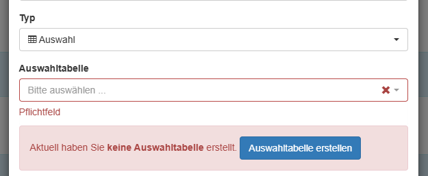Warnhinweis bei fehlenden Auswahltabellen