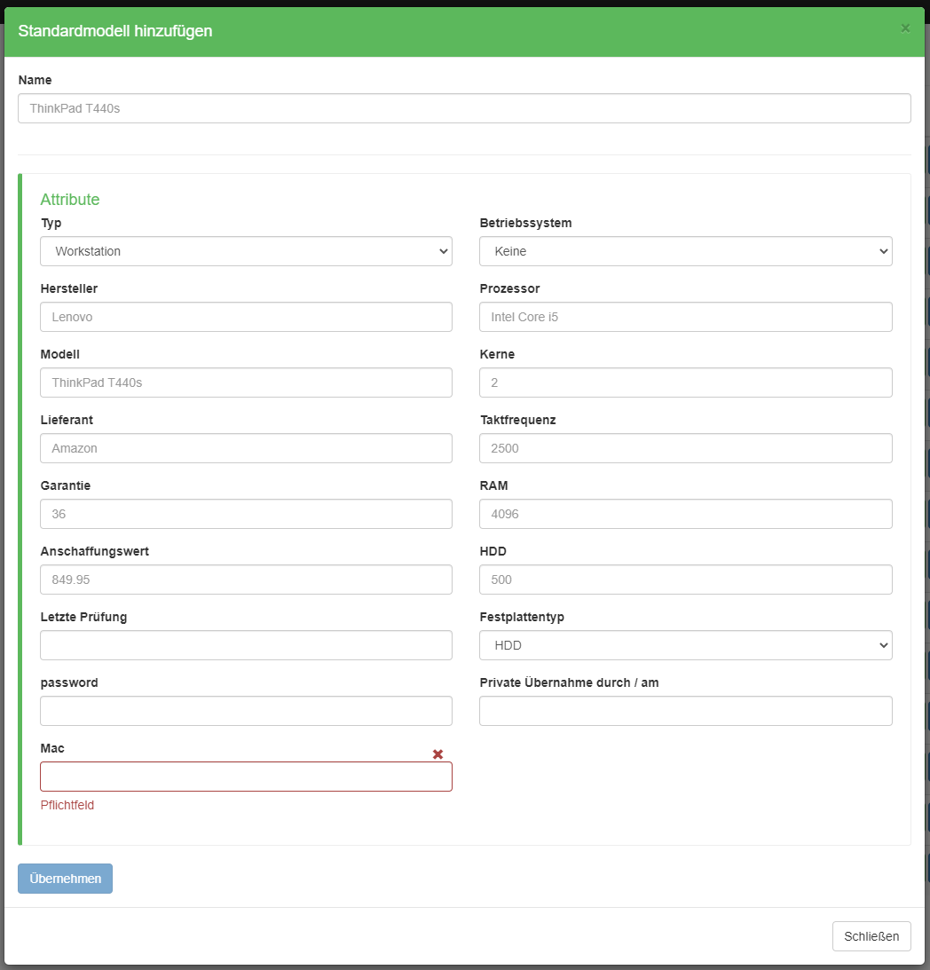 Erstellungsdialog für ein Standarmodell