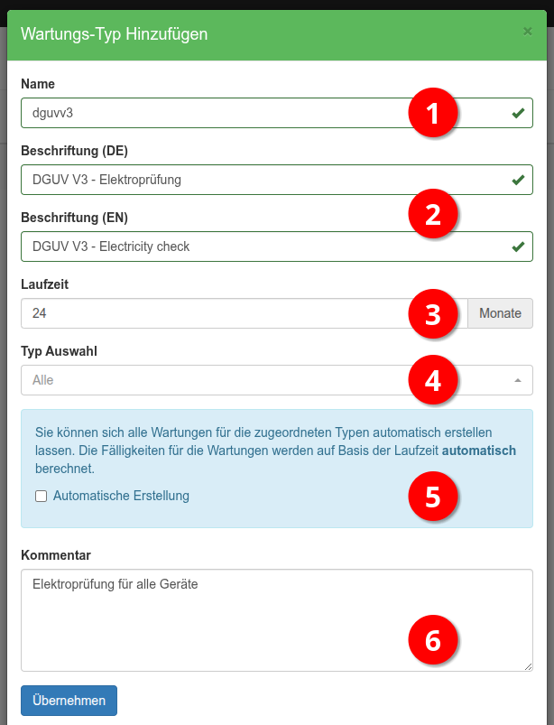 Wartungs-Typ hinzufügen