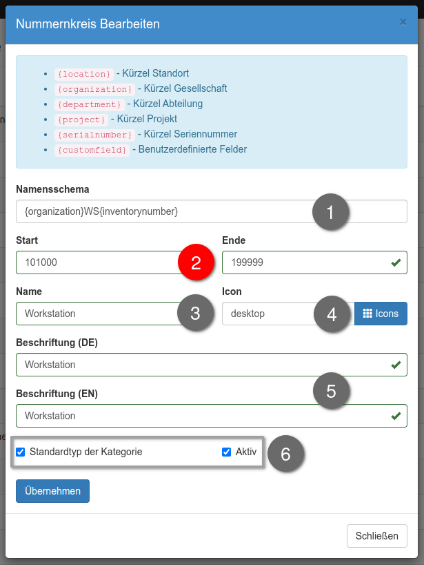 Nummernkreis bearbeiten