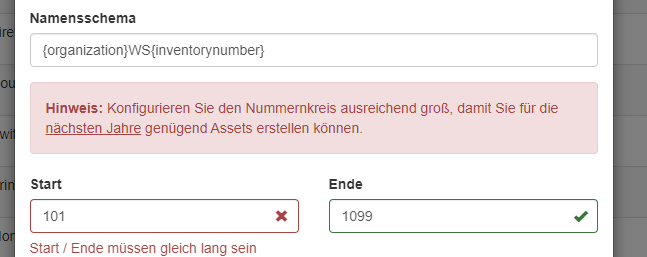 Fehlermeldung bei zu kleinen Nummernkreisen