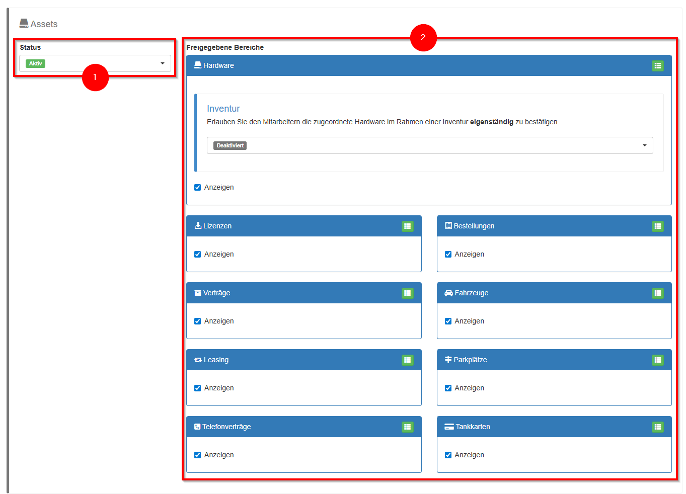 Einstellungen zu Assets