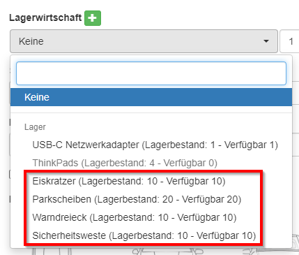 Auswahl von Lagerartikeln bei Protokollen