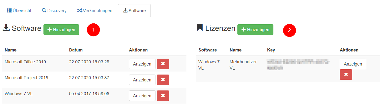 Software- und Lizenz-Zuordnung des Assets
