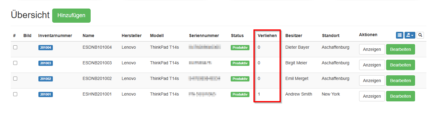 Verleih Status mehrere Assets in der Übersicht