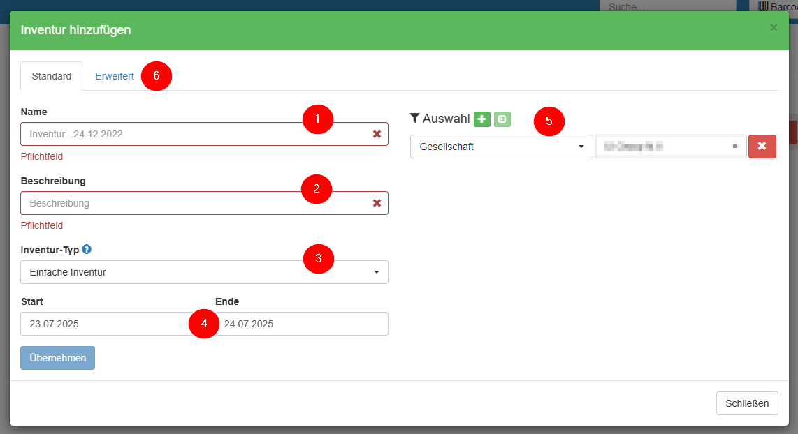 Erstellungsdialog für die Inventur