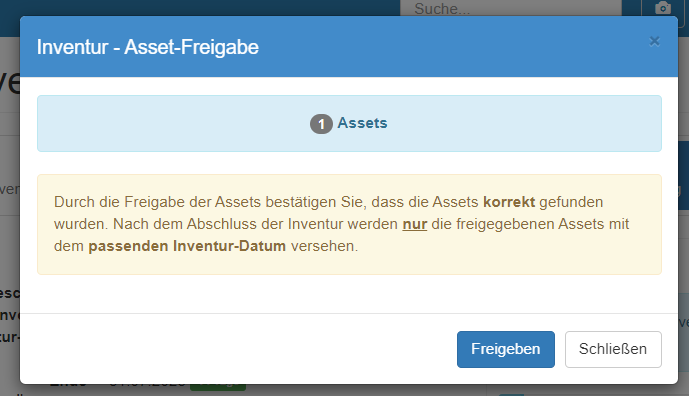 Freigabe Dialog in der Inventur-Prüfung