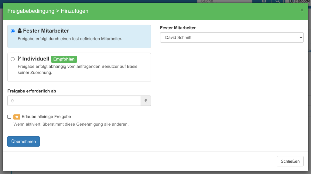 Freigabe durch einen festen Mitarbeiter