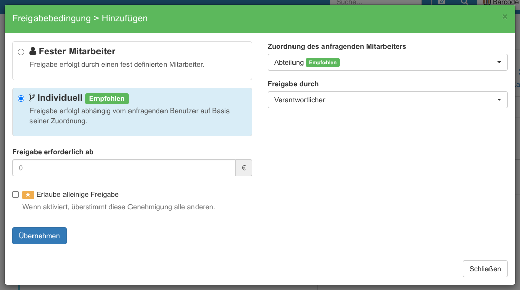 Freigabe anhand des Abteilungsverantwortlichen