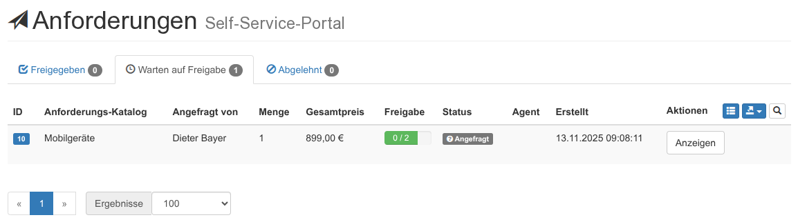 Auflistung von Anfragen mit ausstehender Freigabe