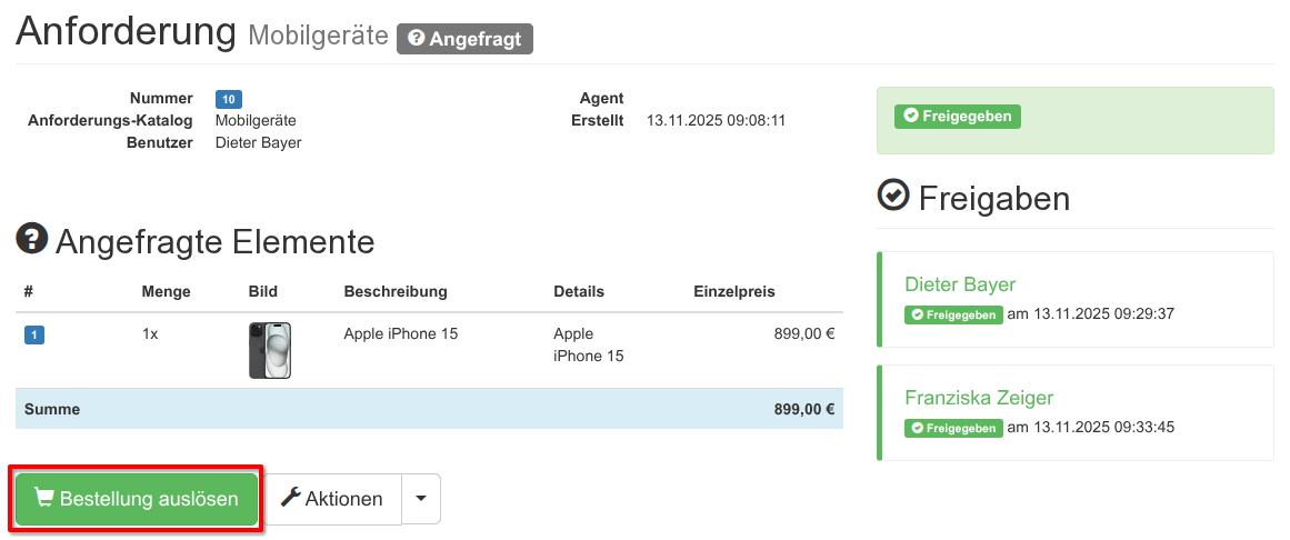Bestellung auf Basis der Anforderung erstellen