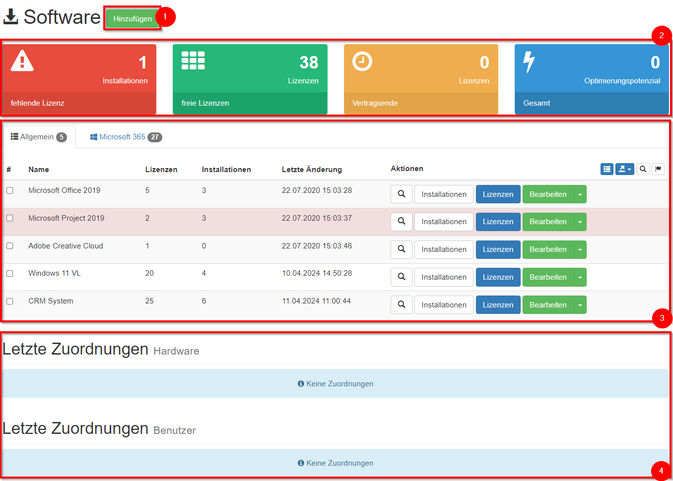 Aufbau - Software & Lizenzen Dashboard
