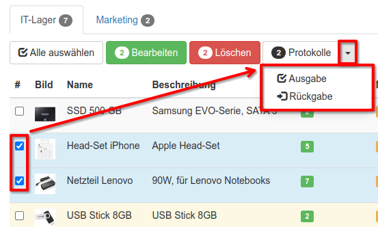 Auswahl der Lagerartikel für die Aus- oder Rückgabe