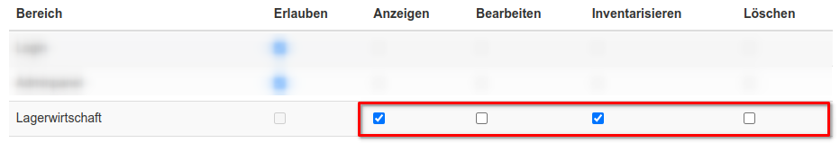 Einrichtung der speziellen Berechtigung Inventarisieren