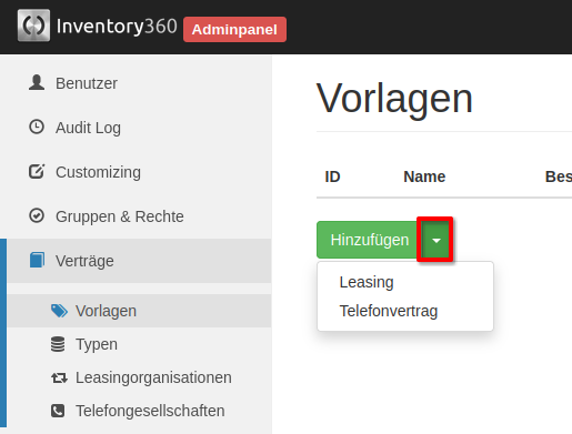 Anlage von Vertragsvorlagen für Leasing- oder Telefonverträge