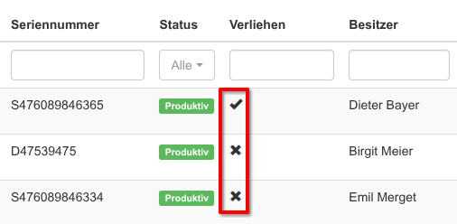 Verleih-Status in der Hardware-Auflistung