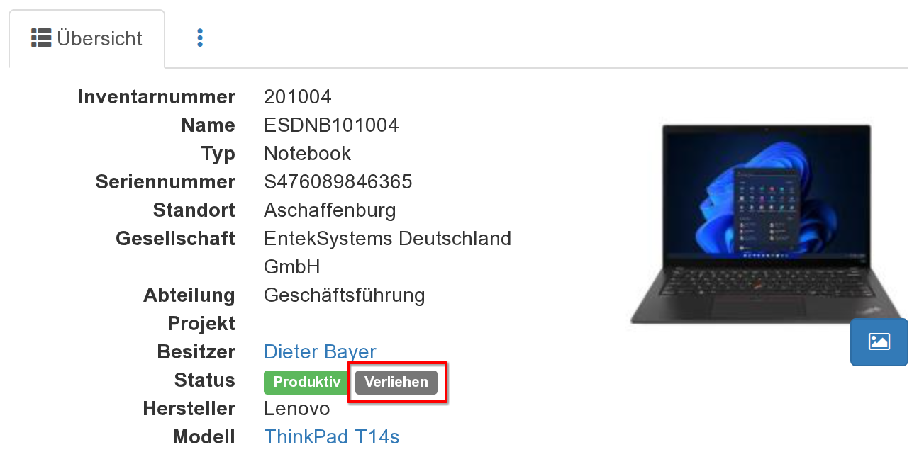 Anzeige des Verleihs im Hardware Asset