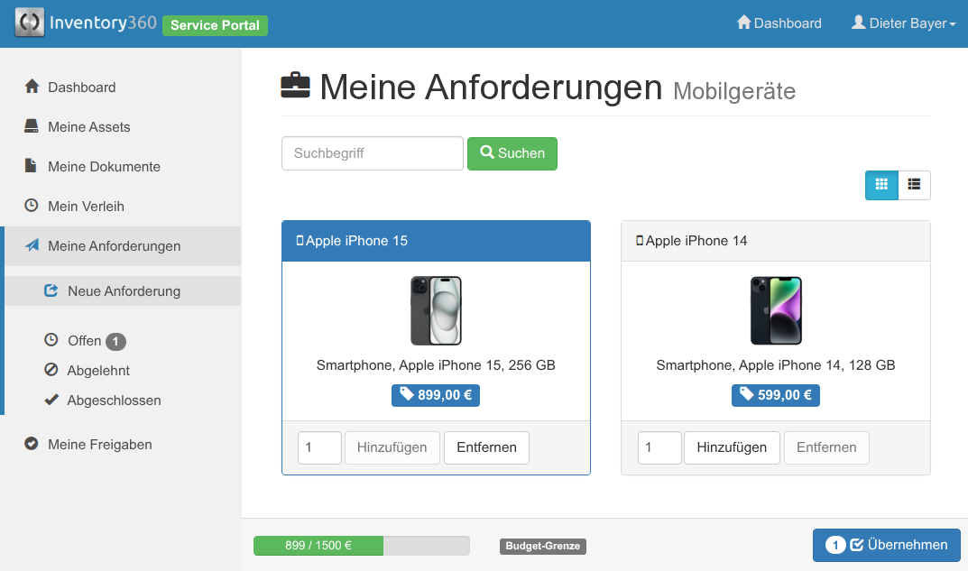 Auswahl von Artikeln im Service-Portal