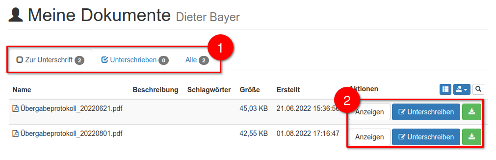 Übersicht der Dokumente
