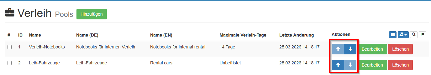 Sortierungsfunktion für Verleih-Pools