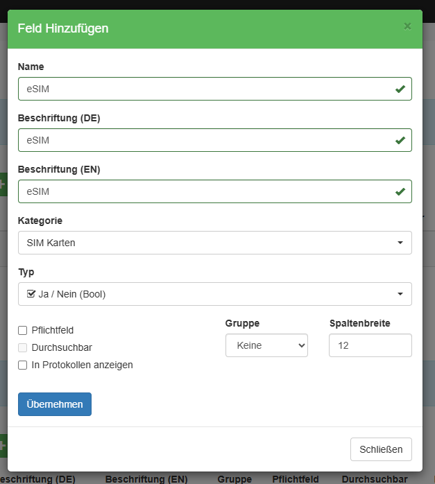 Benutzerdefinierte Felder für SIM Karten