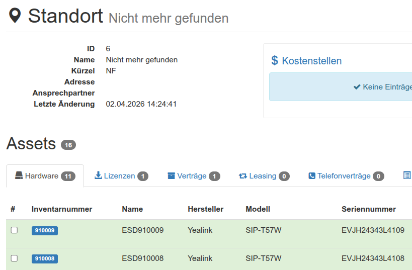 Auflistung der betroffenen Hardware-Assets