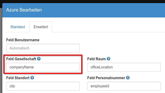 Benutzer-Backend: Konfiguration des Attributs zum Auslesen der Gesellschaft