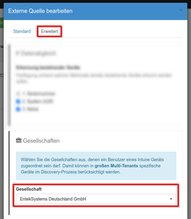 Auswahl der zu synchronisierenden Gesellschaft