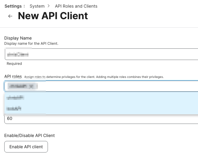 Anlage des API Client mit der zugewiesenen Rolle