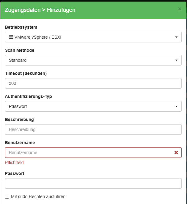 Dialog zur Eingabe von Zugangsdaten für VMware vSphere / ESXi