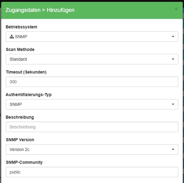 Dialog zur Eingabe von Zugangsdaten für SNMP