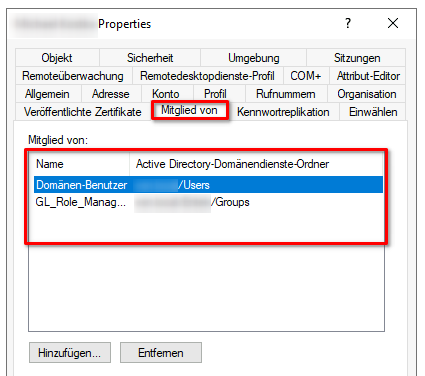 Zugewiesene Gruppen im Active Directory