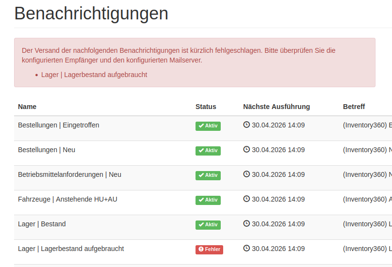 Fehlerhinweis oberhalb der Benachrichtigungen