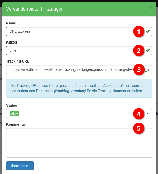 Anlegen eines neuen Versandanbieters