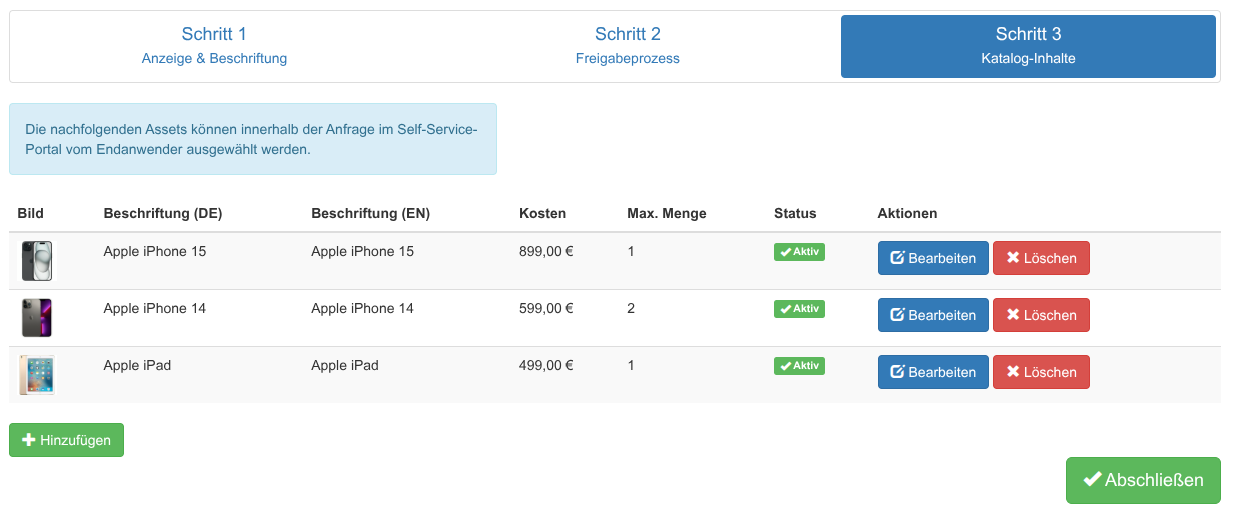 Auflistung der Katalog-Inhalte