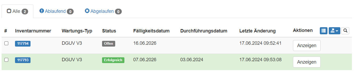 Asset-Übersicht je Wartungstyp