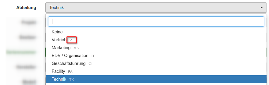 Auswahl einer Abteilung mit hinterlegtem Kürzel