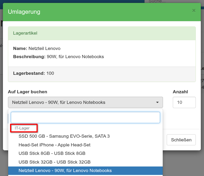 Dialog für Umlagerung eines Lagerartikels