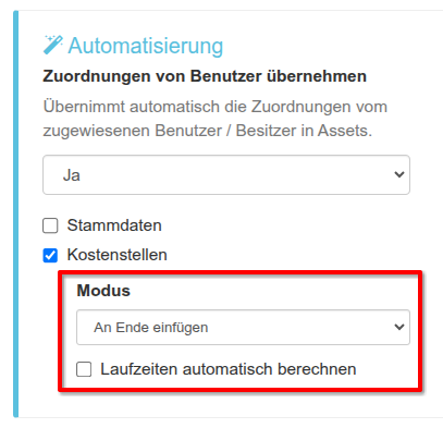 Zusätzliche Einstellungsoptionen für Kostenstellen-Zuweisungen