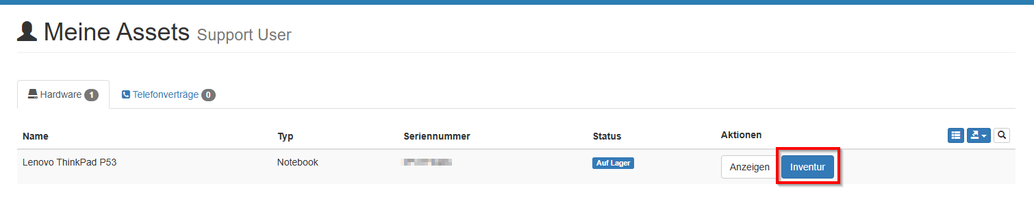 Inventur-Button in der Liste der eigenen Assets